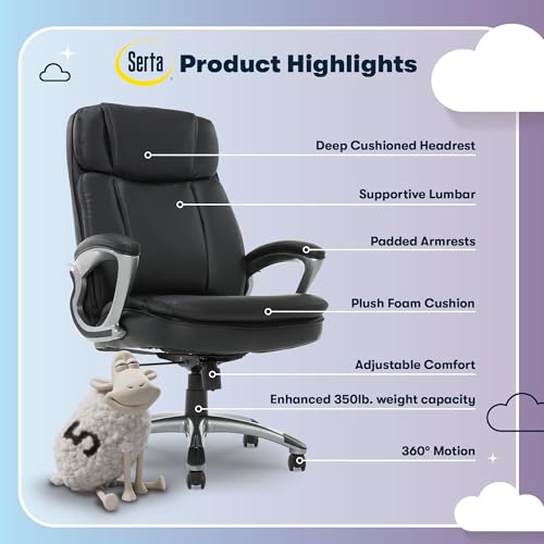 Serta Fairbanks Big and Tall Executive Office Chair - Ergonomic High Back Computer Desk Chair with Lumbar Support, Memory Foam Seat Cushion, Padded Armrests, Bonded Leather, 350 lb Capacity - Black