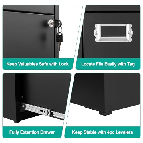 SISESOL 2 Drawer File Cabinet with Lock,Narrow Vertical Filing Cabinet,Under Desk File Cabinets,Black Metal File Cabinets for Home Office,Fit Letter/A4/Legal Size File, Easy Assembly