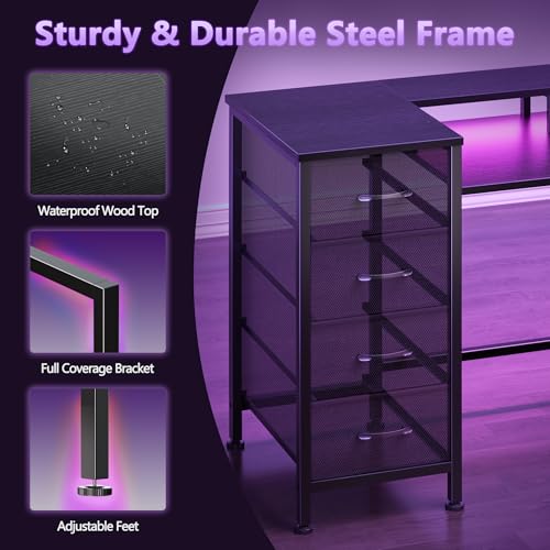 Korfile 47 Inch Gaming Desk with Power Outlets and LED Lights, Reversible Computer Desk with 5 Fabric Storage Drawers, Home Office Desk with Monitor Stand for Working Writing Study, Black