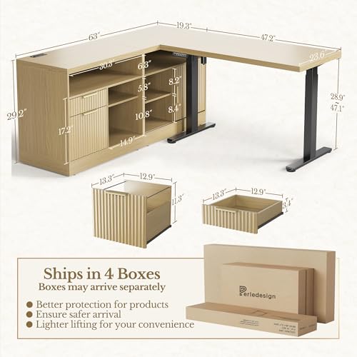 Perledesign L Shaped Standing Desk, 67 Inches Electric Adjustable Desk with Storage & 2 File Cabinets, Fluted Executive Corner Desk for Home Office with Built-in Outlets，1.18" Desktop, Light Walnut