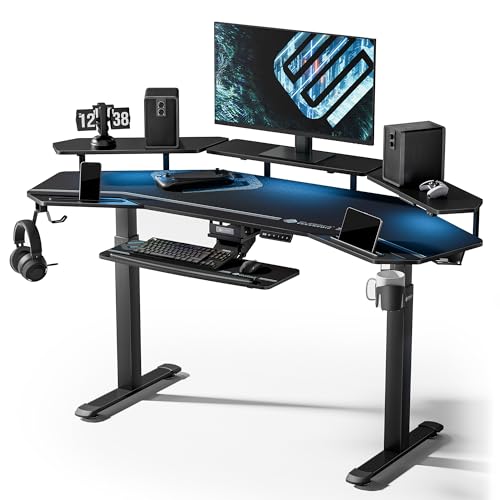EUREKA ERGONOMIC Gaming Desk, Standing Desk w Keyboard Tray, 72" Wing Shaped Music Studio Table with LED Shelves, Gaming Recording Live Stream, Slot Design