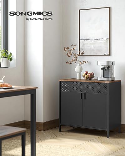 SONGMICS Storage Cabinet, Metal Cabinet, Sideboard with 2 Doors, 15.7 x 31.5 x 29.9 Inches, Magnetic Closure, Adjustable Shelf, Steel Frame, Rustic Brown and Black ULSC102B01