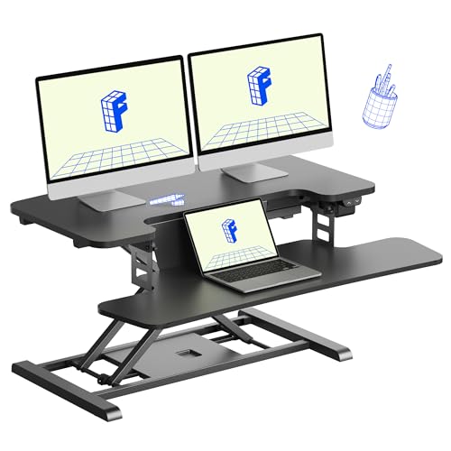 FLEXISPOT 32" Motorized Standing Desk Converter, Electric Stand up Desk Riser, Sit to Stand Dual Monitor and Laptop Workstation with Wide Keyboard Tray, Black