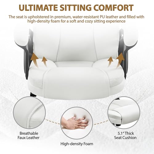 Yaheetech High Back Executive Office Chair Faux Leather Ergonomic Managerial Chair for Meeting Computer Large Seat, Sturdy Metal Base,White