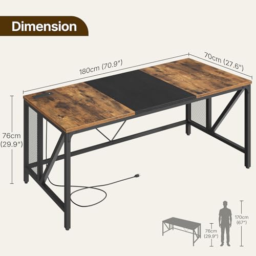 YATINEY 70.9" Computer Desk with Power Outlets, Gaming Desk, Large Office Executive Desk Workstation, Business Furniture for Home Office, Study, Rustic Brown and Black DN18UBR