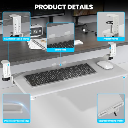 Keyboard Tray Under Desk, Pull Out Keyboard & Mouse Tray with Adjustable C-clamp, 25.6(31.5 Including Clamps) x 11.8 Inch Slide Out Computer Keyboard Drawer Mouse Tray for Typing,White