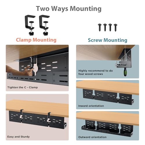 Univivi Under Desk Cable Management Tray - 32" Steel Cord Organizer, No-Drill C-Clamp & Screw Mount for Office/Home, Effortless Wire Management (Black)