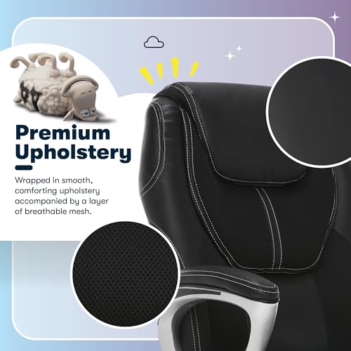 Serta Amplify Executive Office Chair with Faux Leather and Mesh, Adjustable Ergonomic Comfy Seat with Lumbar Support, Modern Computer DeskChairs, Swivel Rolling Wheels, Black