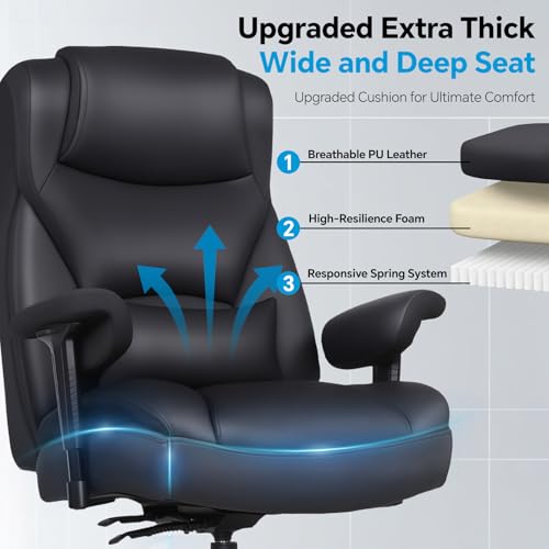 Big and Tall Office Desk Chair with 5-Position Armrests, 650 LBS Heavy Duty Executive Office Chair Comfy, Extra Wide Seat, High Back Computer Chair with Lumbar Support, Reclining Tilt Lock (Black)