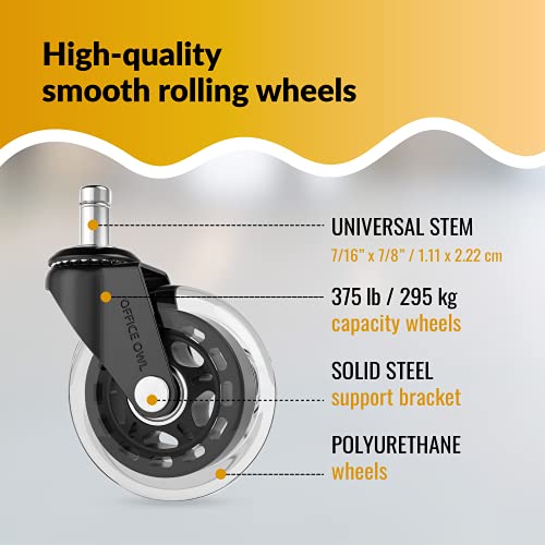 Rollerblade Office Chair Wheels, Set of 5 Replacement Casters for Desk and Gaming Chairs, Safe for Hardwood Floors, Tile, Laminate & Carpet, Support Up to 650 LBS, Easy Install, Universal Fit, Clear