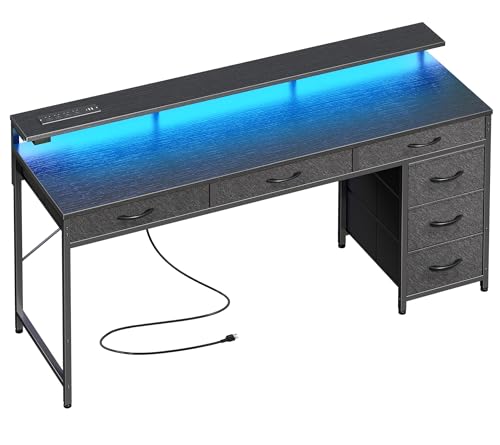 Huuger Gaming Desk with 6 Drawers, Computer Desk with LED Lights Power Outlets and Type-C, 55 Inch Office Desk with Storage, Monitor Stand, Writing Desk Work Desk Home Office, Bedroom, Black, 1CD102B