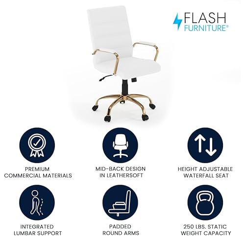 Flash Furniture Whitney Mid-Back Swivel LeatherSoft Desk Chair with Padded Seat and Armrests, Adjustable Height Padded Office Chair, White/Gold