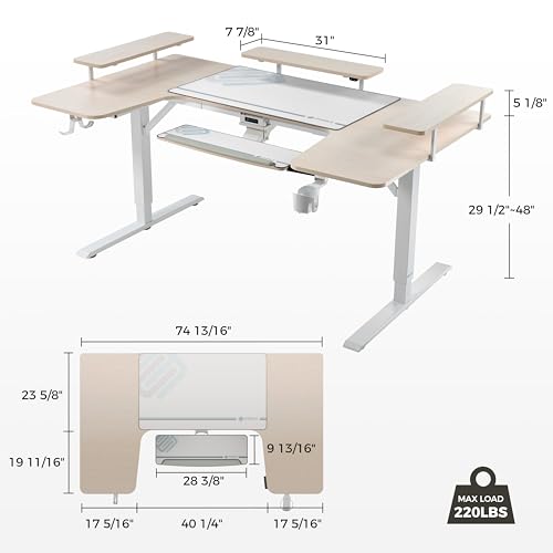 EUREKA ERGONOMIC Gaming Standing Desk with Keyboard Tray,74" U Shaped Studio Desk for Recording&Live,Electric Height Adjustable Desk w LED Convertible Shelves,Maple