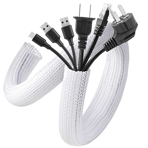 AGPTEK White Cable Sleeve, 2 Pack 5ft - 1.2 Inch Cable Management, Desk Cord Cover Organizer Wire Hider for Computer TV Wire Loom Tubing, Pet Proof Cord Protector from Cat Dog Chewing, White