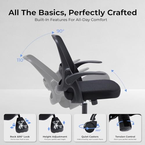 Ergonomic Mesh Office Chair for Home Office, Flip-Up Arms, Breathable Mesh Back & Thick Seat Cushion, Swivel Rolling Computer Desk Chair, BIFMA Certified, Supports 300 lbs (Black Frame/Black Seat)