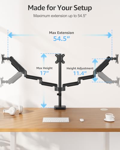 MOUNTUP Triple Monitor Stand Mount - 3 Monitors Desk Mount for Computer Screens Up to 27 inch, Triple Monitor Arm, Heavy Duty Monitors Stand, Each Arm Holds 4.4-19.8 lbs, Black