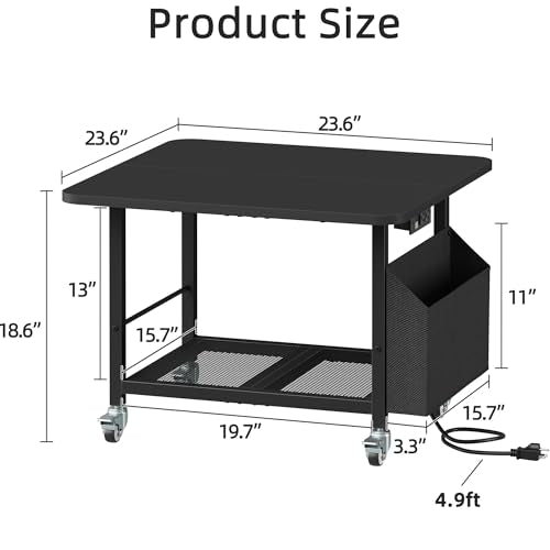 YAOHUOO 23.6"×23.6" Large Printer Stand with Power Outlet, Printer Table with Storage Side Pocket, Heavy Duty Rolling Cart for Home Office 3D Printer/Laser/Heat Press Table, Black
