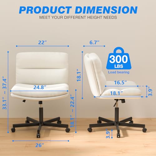 Rfiver Ergonomic Armless Criss Cross Chair with Height Adjustable and Swivel, Wide & Thickened Cushion Cross Legged Vanity Chair, Comfortable PU Leather Desk Chair for Computer Task and Make Up, White