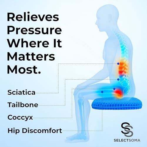 SelectSoma Double-Thick Gel Seat Cushion for Long Sitting Pressure Relief for Back, Sciatica, Coccyx, Tailbone Pain - Cushion for Airplane Travel, Office Chair, Wheelchair, Car & Truck - Egg Seat Pad