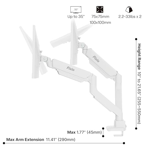 Pixio PS2D White Ultrawide Heavy-Duty Premium Dual Monitor Arm Stand Desk Mount - Fits up to 35 inches Two Monitors, Weights up to 33 lbs Each, Compatible with VESA 75x75mm 100x100mm