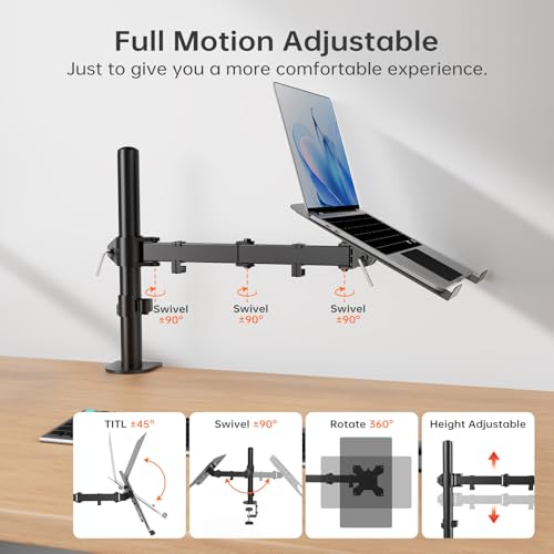 Afaloona Single Monitor and Laptop Mount for 13-32 Inch Screen or 11-17 Inch Notebook, Fully Adjustable Monitor Arm with Removable Vented Tray, Supports Up to 18 lbs, C-Clamp, VESA 75x75/100x100mm