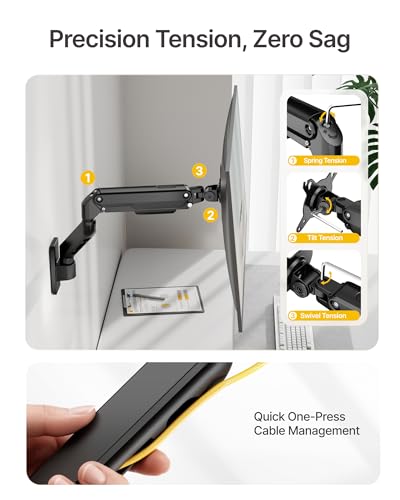 monTEK Single Monitor Wall Mount - Full Motion Wall Arm for 17–32 Inch Screens, Space Saving, Wobble-Free Mechanical Spring Holds 20 lbs, Ergonomic Height Adjustable, VESA 75x75/100x100, Black