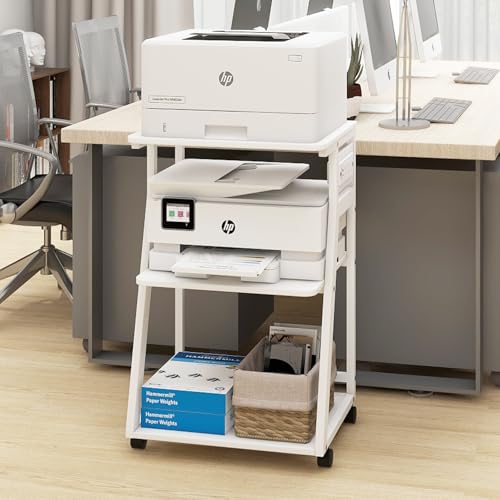 Natwind 19.7"x15.7" Printer Stand,3 Tier Printer Table with Charging Station, Rolling Cart with Adjustable Storage Shelf for Home Office Organization, Stand for Heat Press,3D Printer (White)