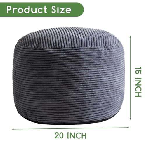 HIGOGOGO Round Stuffed Pouf Ottoman, Corduroy Poufs with Foam Chunk Filling, Furry and Fluffy Pouf Foot Stool Storage Ottoman, 20 X 15 Floor Poufs Foot Rest for Living Room, Dark Grey