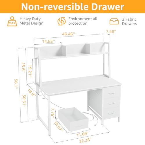 DLisiting White Computer Desk with Hutch & Drawers - 47 Inch Modern Study Writing Office Desk with 3 Storage Drawers and Power Outlets for Bedroom Home Office