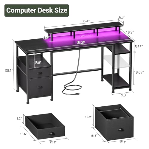 Furologee 51" Gaming Desk with Power Outlets & LED Lights, Reversible Computer Desk with File Cabinet & Monitor Stand for Home Office, Large Work Table with Storage Shelves & Drawer, Black