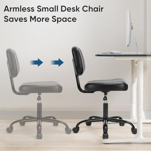 DUMOS Small Armless Home Desk Chair with Low Back Lumbar Support, Height Adjustable PU Leather Computer Task Chair with 360° Swivel Wheels, for Small Space, Adults, New Black
