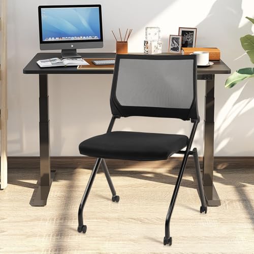 CLATINA Stackable & Foldable Chairs with Wheels, Reception Guest Chairs with Lumbar Support, Ergonomic Mesh Back Folding Chair for Office Schools Training Conference Waiting Room, Black, 8PACK