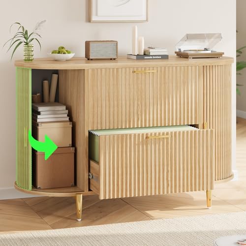 SEDETA 2 Drawer File Cabinet, 39.4" Filing Cabinet for Home Office, fit Legal/Letter/A4 Size, Modern Fluted Filing Cabinets with 2 Sliding Door Storage, Printer Stand, Natural