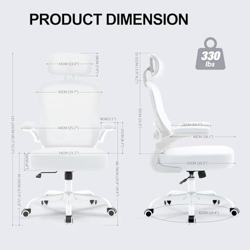 TUKAKA Ergonomic Office Chair,Ultra Thick Office Desk Chair with Adjustable Lumbar Support and Headrest,Spring Cushion,Rocking Function,Flip-up arms,Mesh Computer Chair for Home Office,White