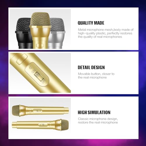 Sanwuta 9 Pcs Fake Microphone, Prop Microphone Bulk, Plastic Realistic Prop Mic, Pretend Fun Stage Mics Toy for Birthday Weddings Karaoke Stage Costume Cosplay Party Favor(Golden, Silver, Black)