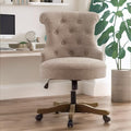 HUIMO Home Office Chair Upholstered Armless Linen Fabric Desk Chair with Wheels Adjustable Height Computer Desk Chair with Wooden Legs No Arms Swivel Chairs for Farmhouse Women Study Studio (Brown)