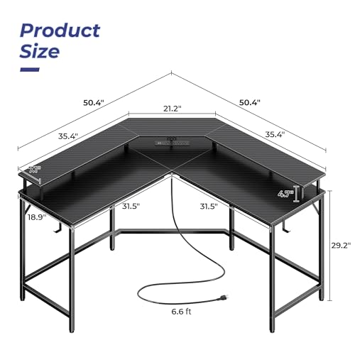 Huuger L Shaped Gaming Desk with Power Outlets & LED Lights, Computer Desk with Monitor Shelves, Carbon Fiber Surface, Home Office Desk, Corner Gaming Desk with Hooks, Carbon Fiber Black