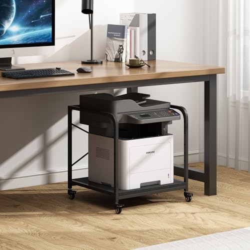 Fannova 2 Tier Under Desk Printer Stand with Storage, 20 Inches Deep Large Printer Table with Height Adjustable Shelf, Rolling Printer Cart with Wheels for Home Office - Black