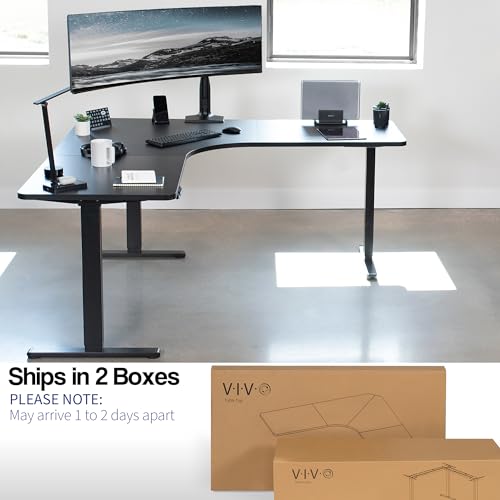 VIVO Electric Height Adjustable 71 x 71 inch Curved Corner Stand Up Desk, Black Table Top, Black Frame, Memory Controller, L-Shaped Workstation, E3C Series, DESK-KIT-E3CB2