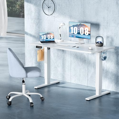 DUMOS 40 Inch Electric Standing Desk Height Adjustable, Sit to Stand Up Computer Workstations Work PC Table Home Office Study Writing Gaming Desks with Memory Presets for Walking Pad, Bedroom, White