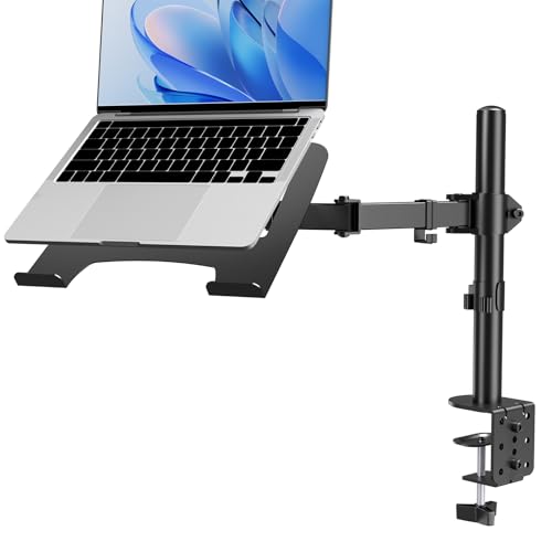 Afaloona Single Monitor and Laptop Mount for 13-32 Inch Screen or 11-17 Inch Notebook, Fully Adjustable Monitor Arm with Removable Vented Tray, Supports Up to 18 lbs, C-Clamp, VESA 75x75/100x100mm
