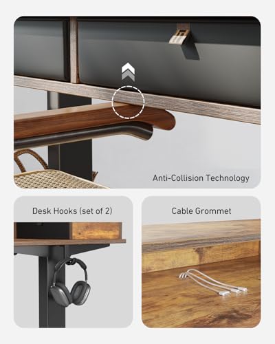 CubiCubi 55" x 30" Standing Desk with Drawers, Height Adjustable Electric Workstation, Computer Sit Stand Up Table with Large Storage Shelf 4 Drawers and 2 Hooks, Rustic Brown