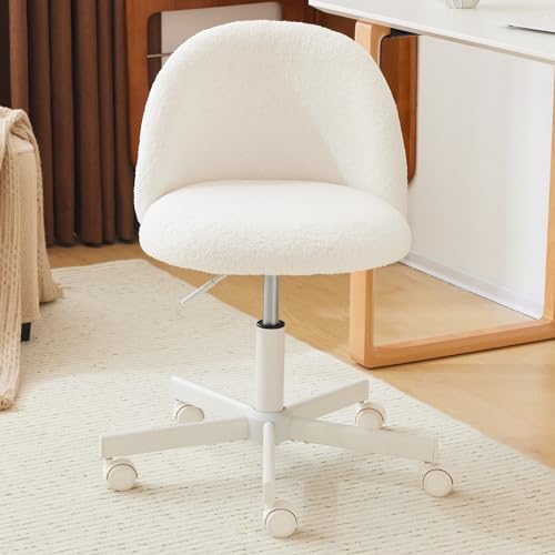 VINGLI Modern Vanity Chair with Back, Velvet Desk Chair for Girls, Small Office Chair with Silent Wheels， Stylish and Comfortable, White