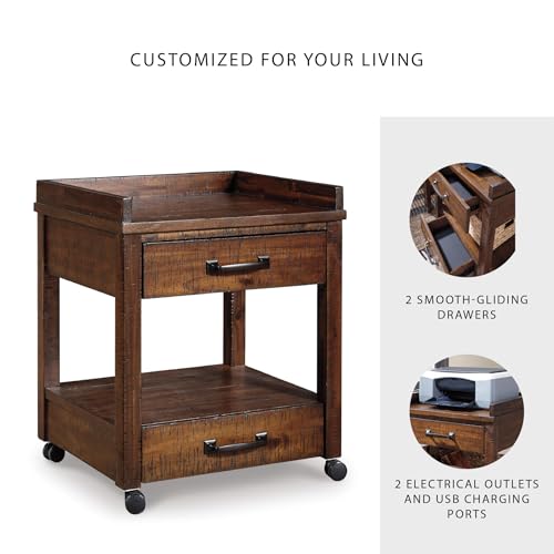 Signature Design by Ashley Baldridge Office Printer Stand, Storage, Electrical Outlets, USB Charing Ports, Wood, 21" W x 18" D x 24.63" H, Brown