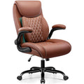 Office Chair, Ergonomic Desk Chair with Lumbar Support for Lower Back Pain Relief, Executive Leather Chair with Padded Flip-up Armrests and Wheels, Brown