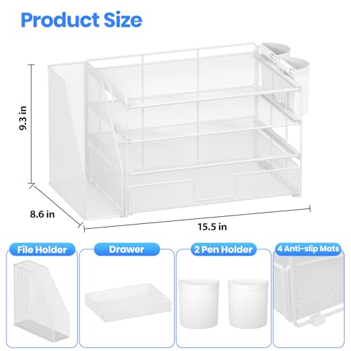 OPNICE Desk Organizer, 4-Tier Desktop File Organizer with Drawer and 2 Pen Holders, Office Desk Accessories, File Sorters, Workspace Organizers for Office Supplies(White)