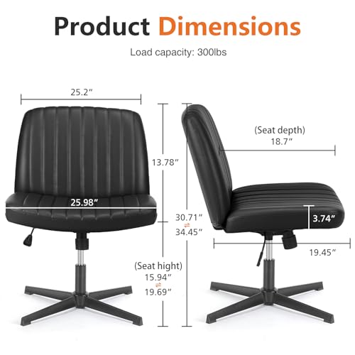 Sweetcrispy Criss Cross Chair Legged, PU Leather Armless Office Swivel Desk Chairs No Wheels, Vanity Height Adjustable Wide Seat Faux Leather Computer Task Chair for Home Bedroom, PU-Black