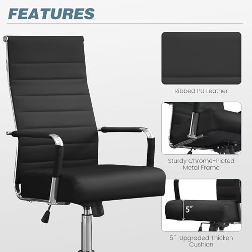 Office Desk Chair, Leather Conference Room Chairs with High Back,Wheels and Arms, Modern Ergonomic Ribbed Height Adjustable Swivel Executive Chair for Home Office (Black)