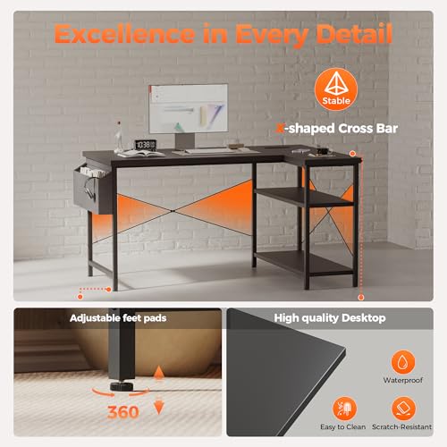 Mericonia Small L Shaped Computer Desk with Power Outlets, Reversible Gaming Desk with Storage Shelves, Corner Gamer Desk Table, Study Writing Table