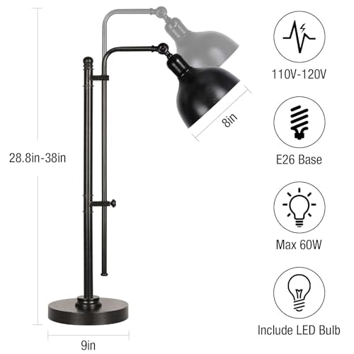 PARTPHONER Industrial Adjustable Desk Lamp for Home Office, Farmhouse Table lamp 29''-38'', Rustic Metal Task Desk Lamp in Aged Bronze Finish, Vintage Reading Lamp for Study Room，Black